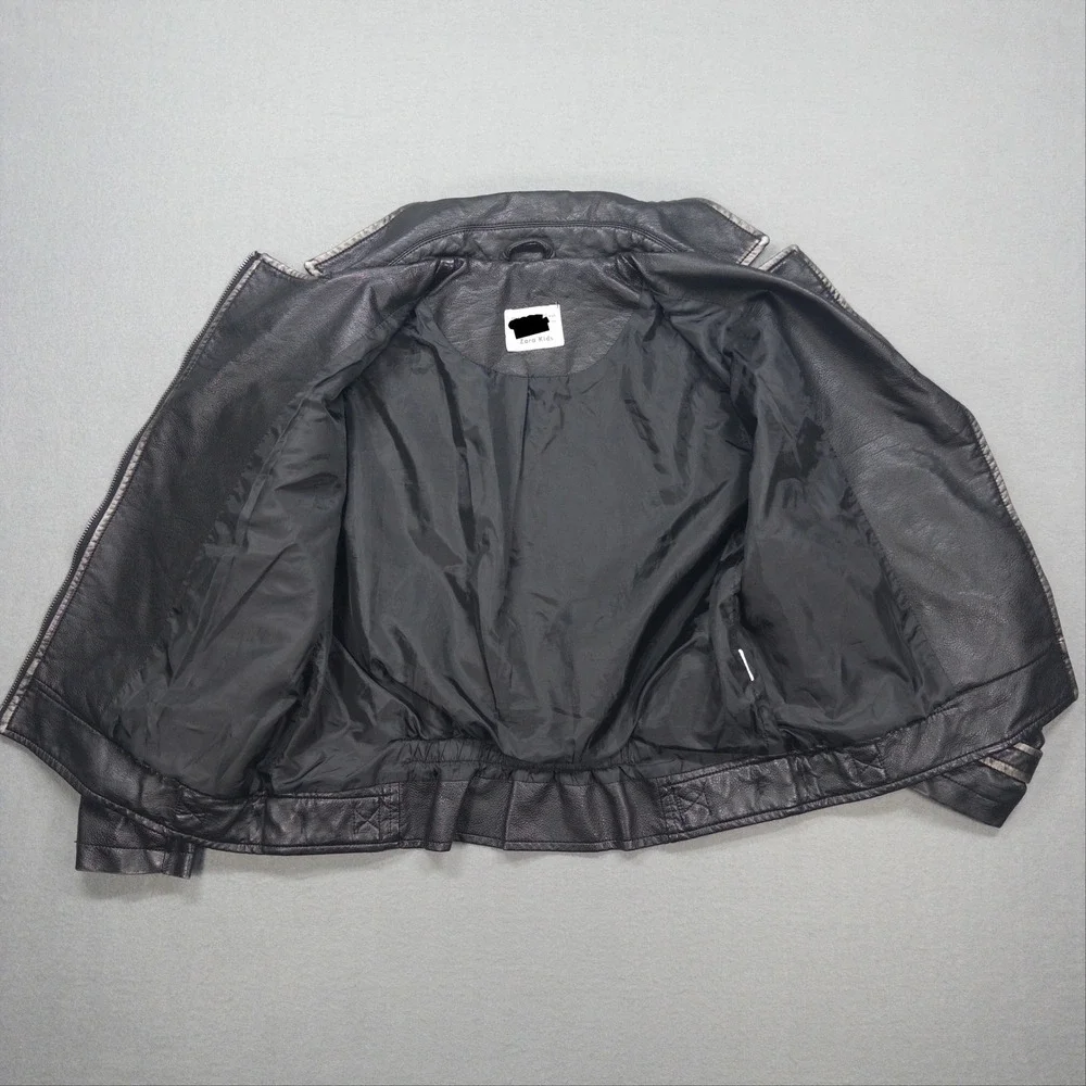 Zara Kids Moto Jacket Kids Size 10 Black Faux Leather Distressed Biker Coat Zip